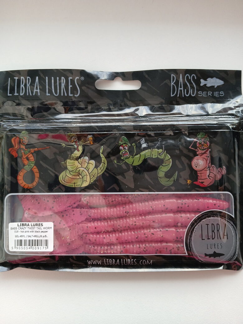 Bass Crazy Twist Tail Worm 148mm, 019-Hot Pink With Black Pepper, Salt-Krill, 6,8gr, 8pcs/pack