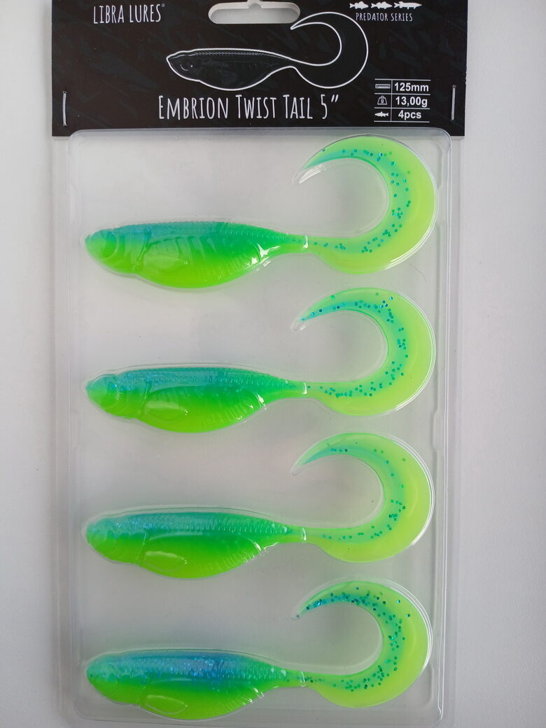 Embrion Twist Tail, 5"/125mm, 127-Lime Chartreuse/Blue, 13,5gr, 4pcs/pack