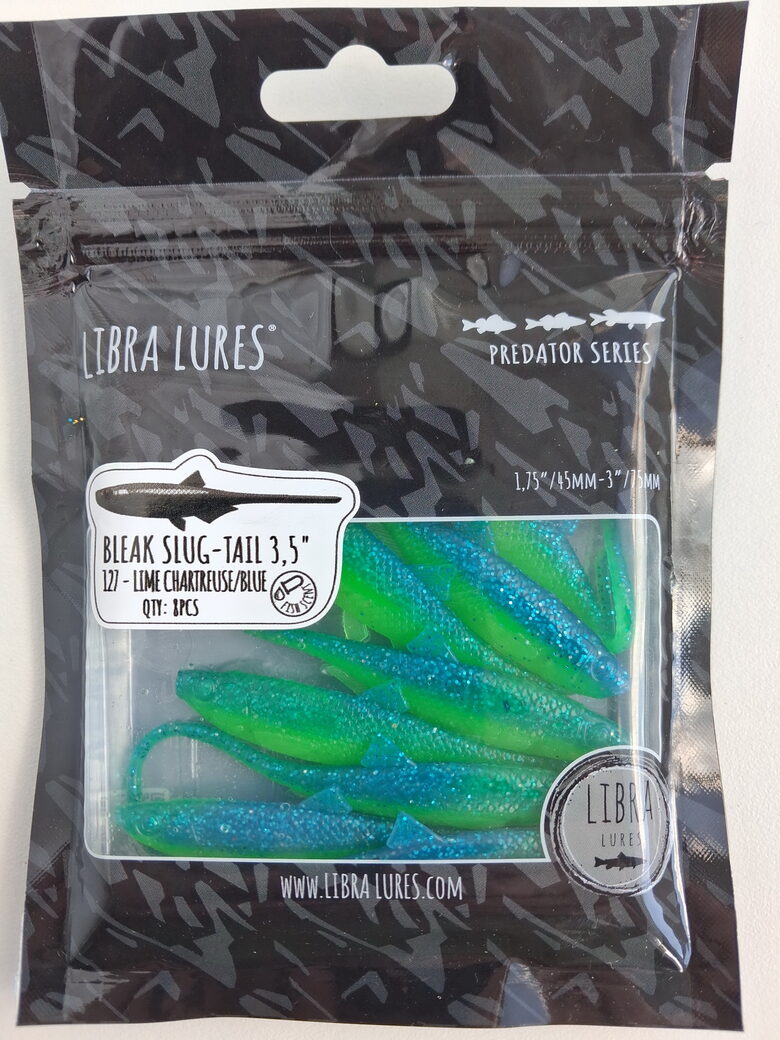 Mini Bleak-Slug Tail 3,5"/90mm, 127-Lime Chartreuse/blue, 2,25gr, 8pcs/pack
