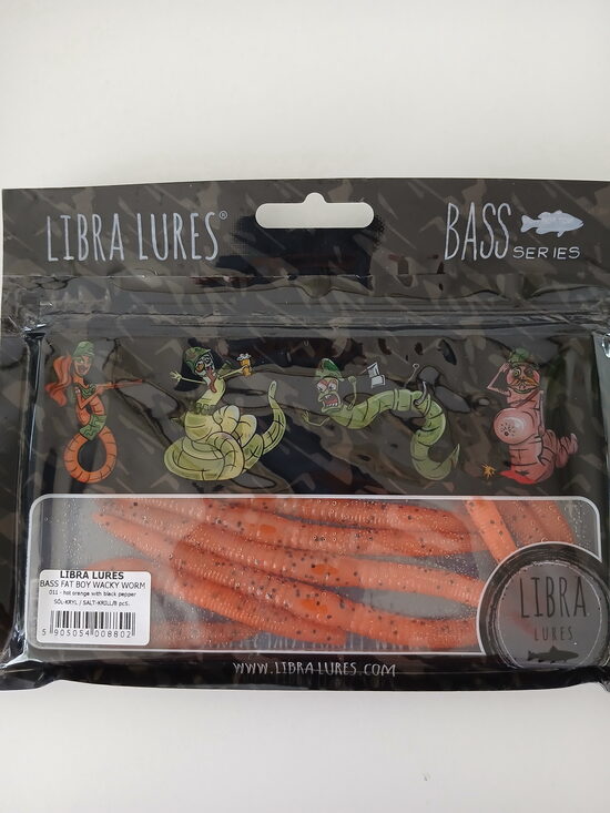 Bass Fat Boy Wacky Worm 128mm, 011-Hot Orange With Black Pepper, Salt-Krill, 4,3gr, 8pcs/pack