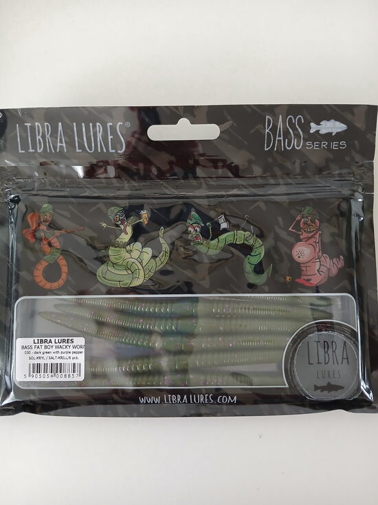 Bass Fat Boy Wacky Worm 128mm, 030-Dark Green With Purple Pepper, Salt-Krill, 4,3gr, 8pcs/pack