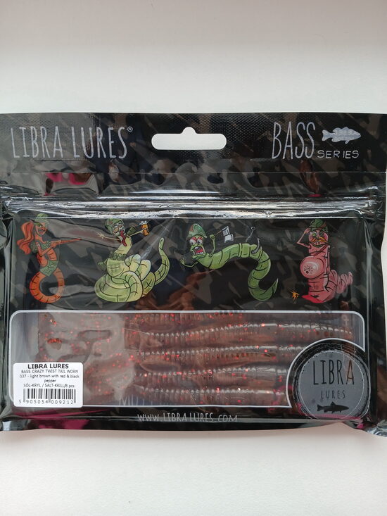 Bass Crazy Twist Tail Worm, 037-Light Brown With Red & Black Pepper, Salt-Krill, 6,8gr, 8psc/pack