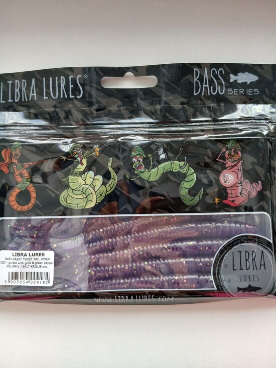 Bass Crazy Twist Tail Worm, 020-Purple With Gold & Green Pepper, Salt-Krill, 6,8gr, 8psc/pack