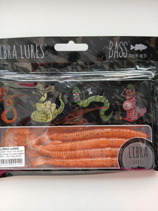 Bass Crazy Twist Tail Worm, 011-Hot Orange With Black Pepper, Salt-Krill, 6,8gr, 8psc/pack