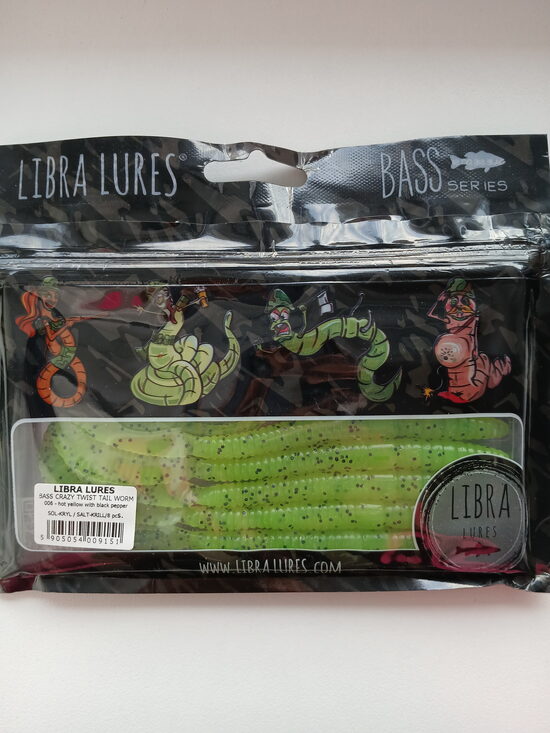 Bass Crazy Twist Tail Worm, 006-Hot Yellow With Black Pepper, Salt-Krill, 6,8gr, 8psc/pack