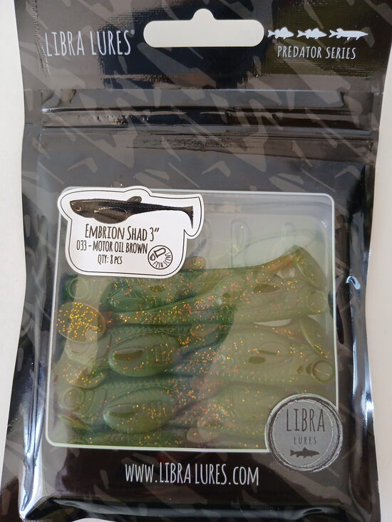 Embrion Shad 3"/75mm, 033-Motor Oil Brown, Aroma-Fish, 3,1gr, 8pcs/pack