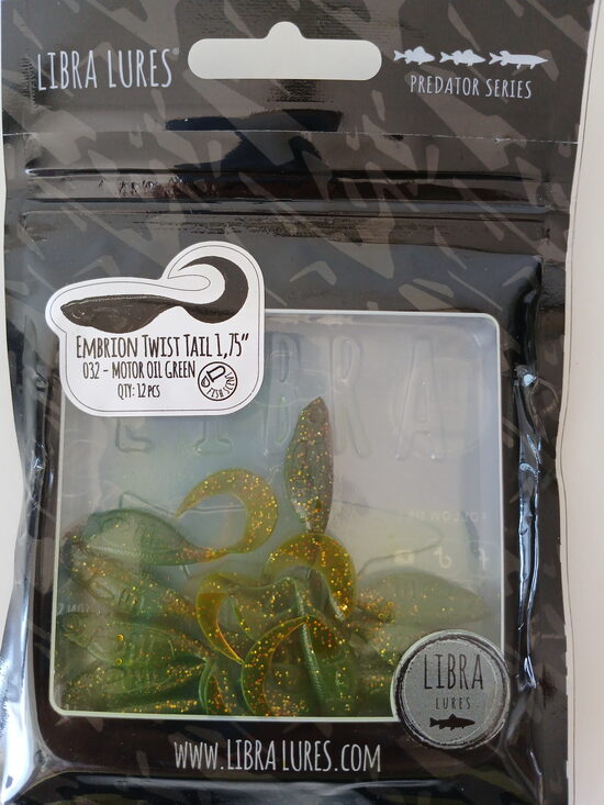 Embrion Twist Tail 1,75"/45mm, 032-Motor Oil Green, Aroma-Fish, 0,75gr, 12pcs/pack