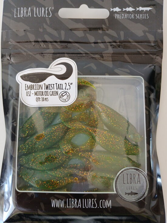 Embrion Twist Tail 2,5"/65mm, 032-Motor Oil Green, Aroma-Fish, 2,5gr, 8pcs/pack