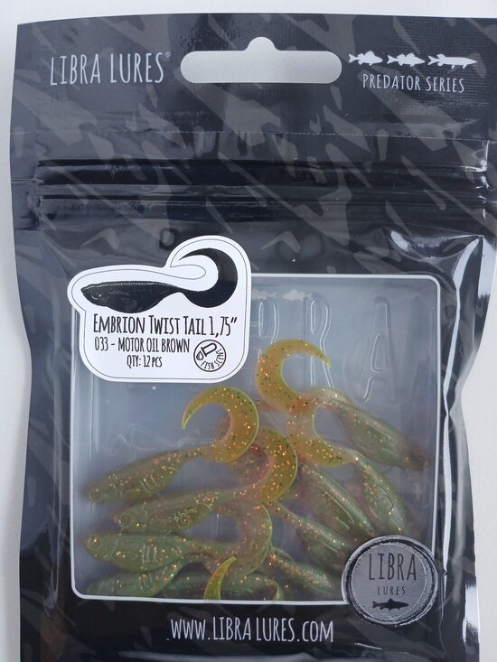 Embrion Twist Tail 1,75"/45mm, 033-Motor Oil Brown, Aroma-Fish, 0,75gr, 12psc/pack