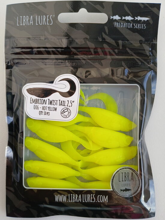 Embrion Twist Tail 2,5"/65mm, 006-Hot Yellow, Aroma-Fish, 2,5gr, 8psc/pack