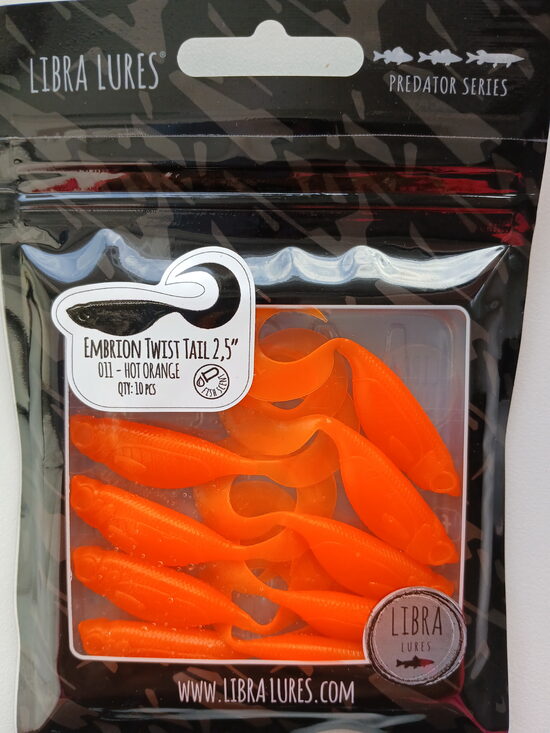 Embrion Twist Tail 2,5"/65mm, 011-Hot Orange, Aroma-Fish, 2,5gr, 8psc/pack