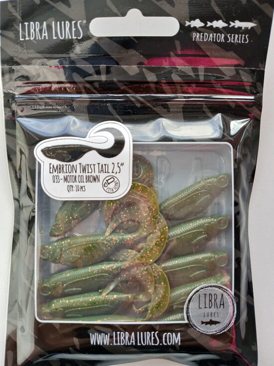 Embrion Twist Tail 2,5"/65mm, 033-Motor Oil Brown, Aroma-Fish, 2,5gr, 8psc/pack