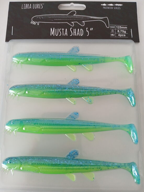 Musta Shad 5"/125mm, 127-Lime Chartreuse/Blue, 8,5gr, 4pcs/pack