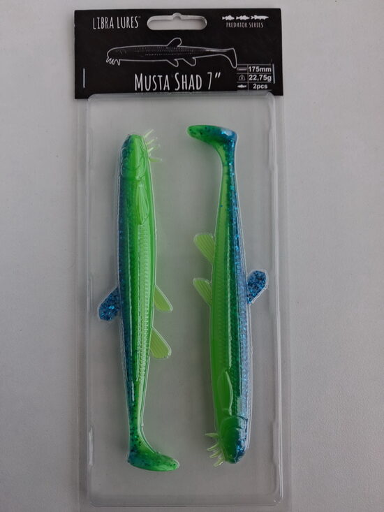 Musta Shad 7"/175mm, 127-Lime Chartreuse/Blue, 23,5gr, 2pcs/pack