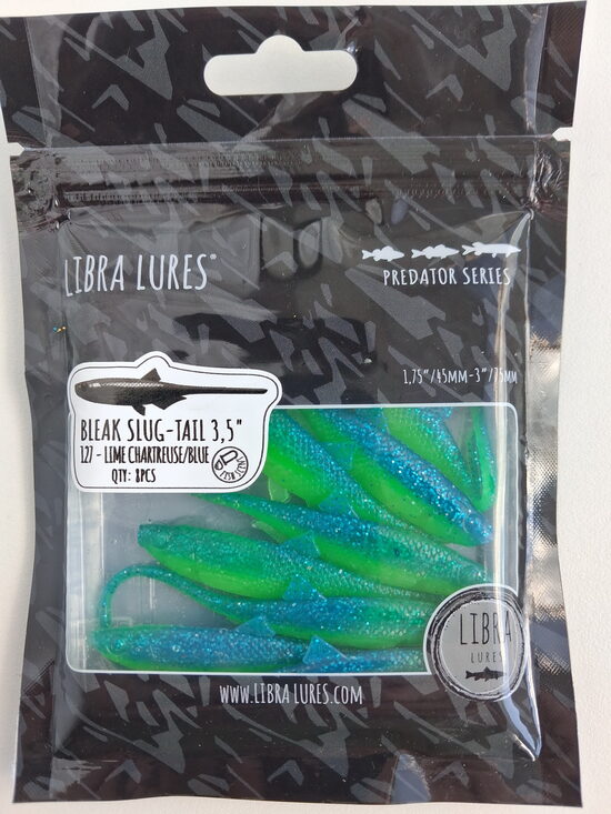 Mini Bleak-Slug Tail 3,5"/90mm, 127-Lime Chartreuse/blue, 2,25gr, 8pcs/pack